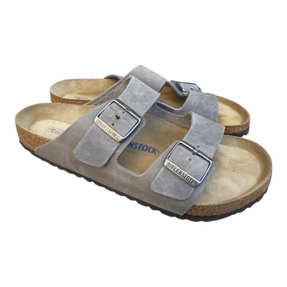 Birkenstock Arizona Slide Sandal Gray Leather Men size 44 US 11 soft footbed - Picture 1 of 7